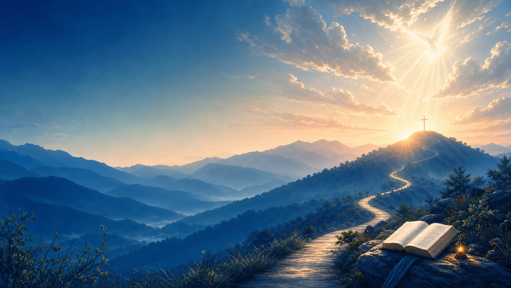 晨光照耀山路與遠方十字架,象徵預備上主的道路。